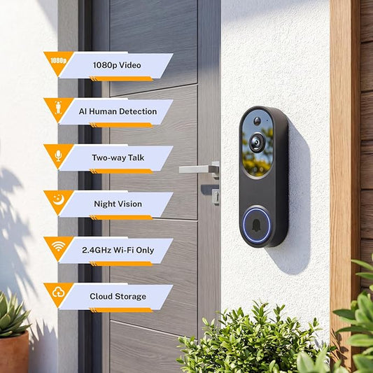 Video Doorbell Camera, Wireless Security Camera, 1080p, Battery Powered, AI Motion Detection, Night Vision, Two-Way Audio, Cloud Storage, 2.4 GWi-Fi, for Visitor, Baby Monitor
