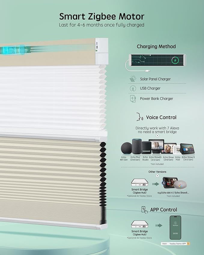 Yoolax Smart Motorized Day and Night Cellular Shades with Remote, Top Down Bottom Up Blinds Compatible with Alexa, Blackout and Light Filtering Honeycomb Blinds (Beige)