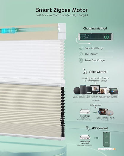 Yoolax Smart Motorized Day and Night Cellular Shades with Remote, Top Down Bottom Up Blinds Compatible with Alexa, Blackout and Light Filtering Honeycomb Blinds (Beige)