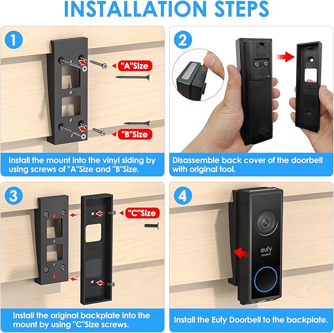 Doorbell Vinyl Siding Mount/Angle Adjustment Mount for Eufy Doorbell E340/C30/C31, Doorbell Corner Mounting Bracket Wedge Kit for Eufy Video Doorbell Camera, for 4 Inch Standard Vinyl Siding