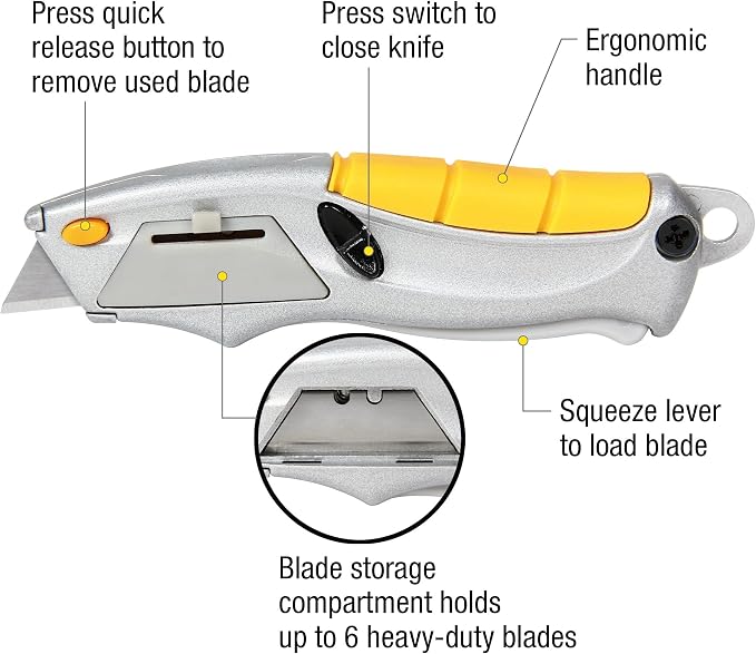 Alltrade Mini Quick Release Squeeze Utility Knife with 3 Blades, Compact Box Cutter with Fast Tool-Free Blade Change, Ergonomic Grip for Cardboard, Drywall, Craft, DIY & Warehouse Use - 150020