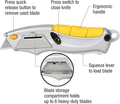 Alltrade Mini Quick Release Squeeze Utility Knife with 3 Blades, Compact Box Cutter with Fast Tool-Free Blade Change, Ergonomic Grip for Cardboard, Drywall, Craft, DIY & Warehouse Use - 150020