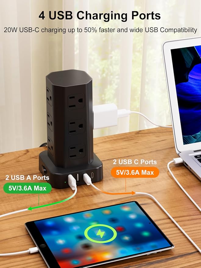 Power Strip Tower Surge Protector, 6FT Flat Plug Extension Cord with Multiple Outlets, 12 AC Outlets 4 USB (2 USB C), Desktop Charging Station with Surge Protection for Home Office Dorm Room, Black