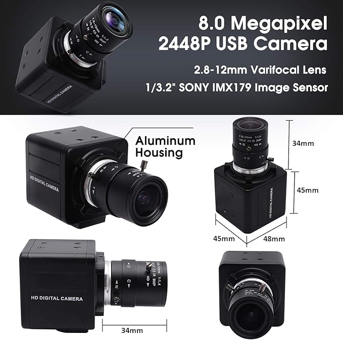 SVPRO USB Camera with Zoom,2.8-12mm Varifocal Lens 8MP Manual Focus Webcam,High Definition USB with Camera for Computer with Sony IMX179 Sensor