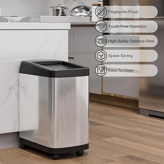 ELLO&ALLO 8 Gallon Touchless Motion Sensor Kitchen Trash Can with Roll Up Lid, Wheels, Brushed Stainless Steel