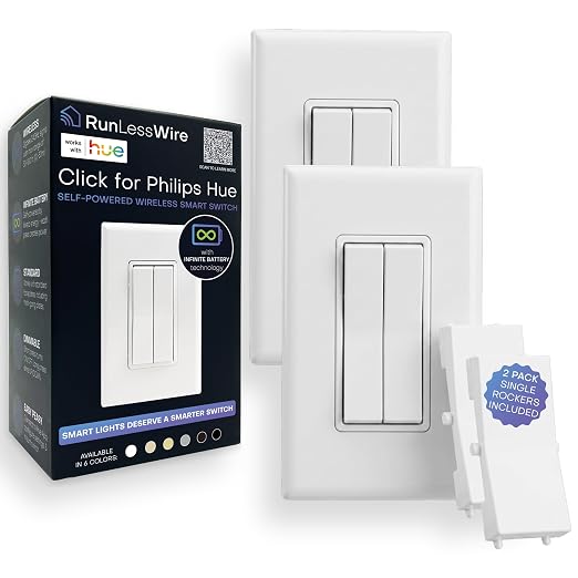 RunLessWire Click for Philips Hue – Battery-Free Wireless Smart Light Switch, 30ft Range – Works Natively with Philips Hue Bridge – Wall Mount Kinetic Switch - Decora Style, White 2 Pack | Dimmable Kinetic Switch Pairs Natively to Philips Hue Bridge, 4...