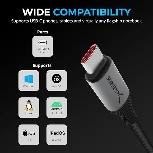 SABRENT USB C to USB C Charging Cable with Smart Display, 1M/3.3FT Long, E-Marker Chip, 100W Charging and 480Mbps Data Transfer Speeds, for Laptops, Smartphones, Tablets (CB-C2C1)