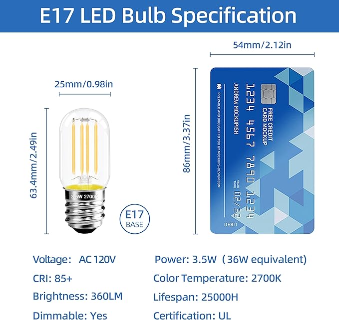 2.5 in E17 Intermediate Base LED Filament Bulb 360 Lumens, 2700K Soft White Dimmable Appliance Bulb AC 120V, UL Certified T8 Microwave Light Bulbs Under Hood for Refrigerator Stove 6Pack