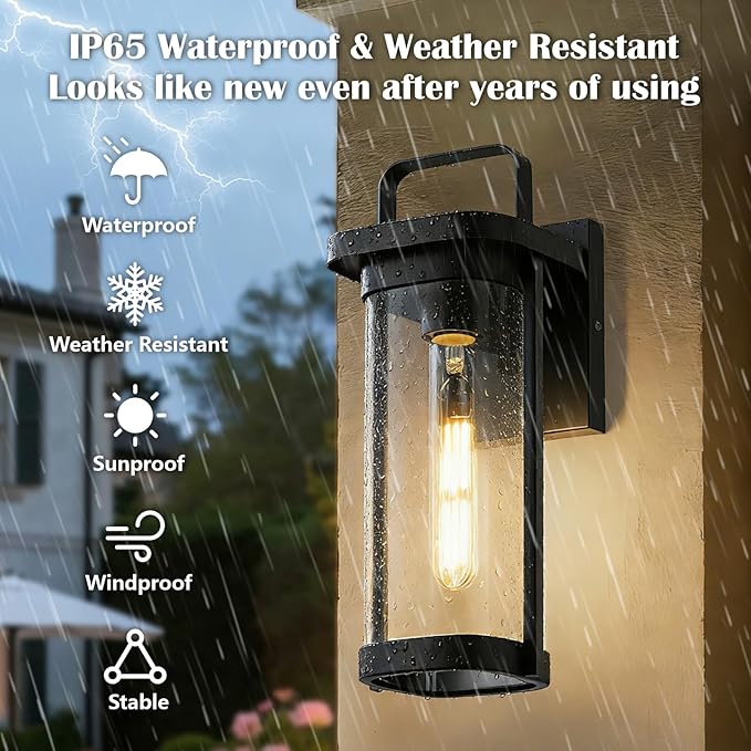 2-Pack Outdoor Wall Lights, Porch Lights, Waterproof Outdoor Wall Sconce Lanterns, 13.5" Exterior Lighting Fixtures Matte Black with Clear Glass Shade for House Patio Garage Doorway Entryway