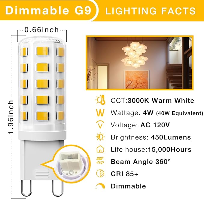 DAYBEETER 6 Pack Dimmable G9 LED Bulb 4W (40 Watt Equivalent), 3000K Soft Warm White, G9 Halogen Bulb T4 G9 Bi-pin Base Light Bulbs for Chandelier,120V 450LM 360 Beam Angle No-Flicker G9 Bulb