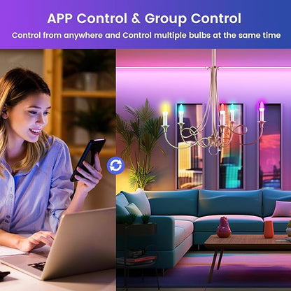 OHLUX Smart Candelabra LED Light Bulbs, 3.5W E12 Base, Compatible with Alexa Google Assistant, Color Changing Bulbs with 16 Million Colors, 2.4GHz WiFi, 4 Pack
