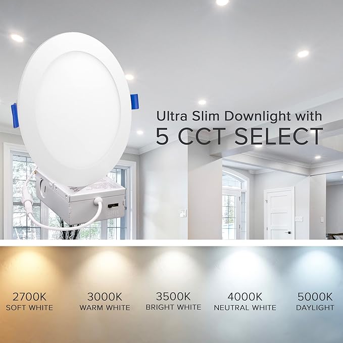 Maxxima 12 Pack 6” 5 CCT Ultra-Thin Recessed LED Downlight, 1050 Lumens, Color Selectable 2700K-5000K (2700K/3000K/3500K/4000K/5000K), Dimmable, Canless, Slim, IC Rated, Junction Box Included