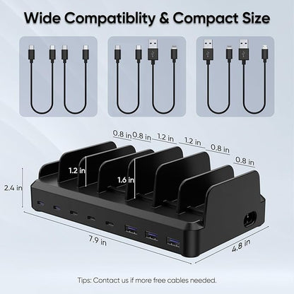 Lcssio 300W Charging Station for Multiple Devices, 8 Port Fast Charger | Fast Charging, Safety Certified, Compact Design, Organized Charging, Multiple Devices at Once, With 6 Cables