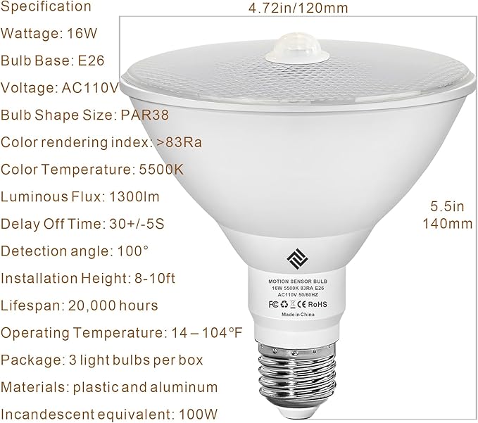 7117 Motion Sensor Light Bulbs, 16W (100Watt Equivalent), Motion Activated Dusk to Dawn Security LED Bulb, PAR38 Flood Light E26 5500K Daylight, for Indoor and Outdoor Lighting, 3Pack