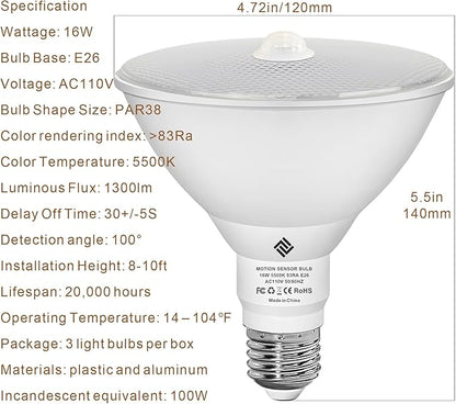 7117 Motion Sensor Light Bulbs, 16W (100Watt Equivalent), Motion Activated Dusk to Dawn Security LED Bulb, PAR38 Flood Light E26 5500K Daylight, for Indoor and Outdoor Lighting, 3Pack