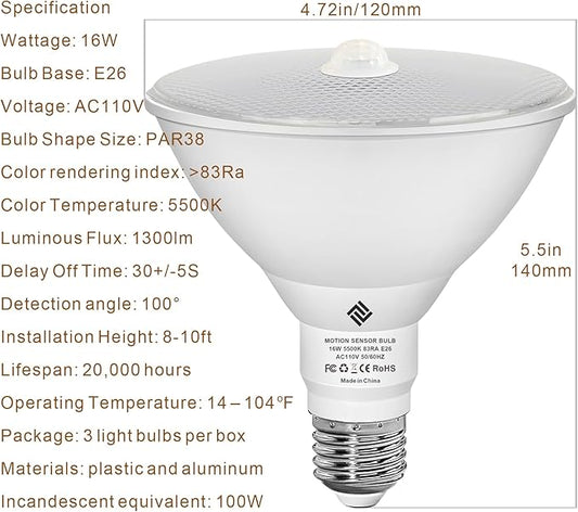 7117 Motion Sensor Light Bulbs, 16W (100Watt Equivalent), Motion Activated Dusk to Dawn Security LED Bulb, PAR38 Flood Light E26 5500K Daylight, for Indoor and Outdoor Lighting, 3Pack