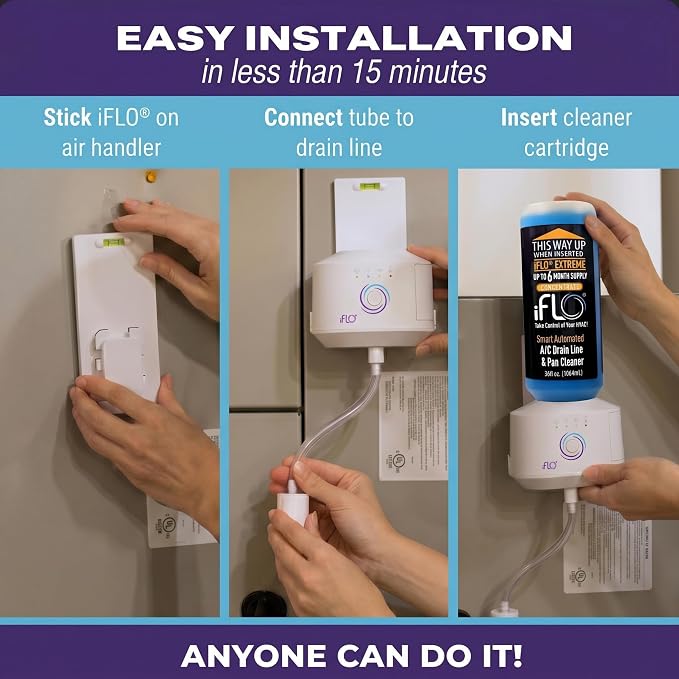 iFLO Smart Automated AC Drain Line HVAC Cleaning System (6 Month Supply) | Easy Installation, App-Controlled Air Conditioner Maintenance Kit for Drain Line & Drain Pan, Includes 36oz Cleaner Cartridge
