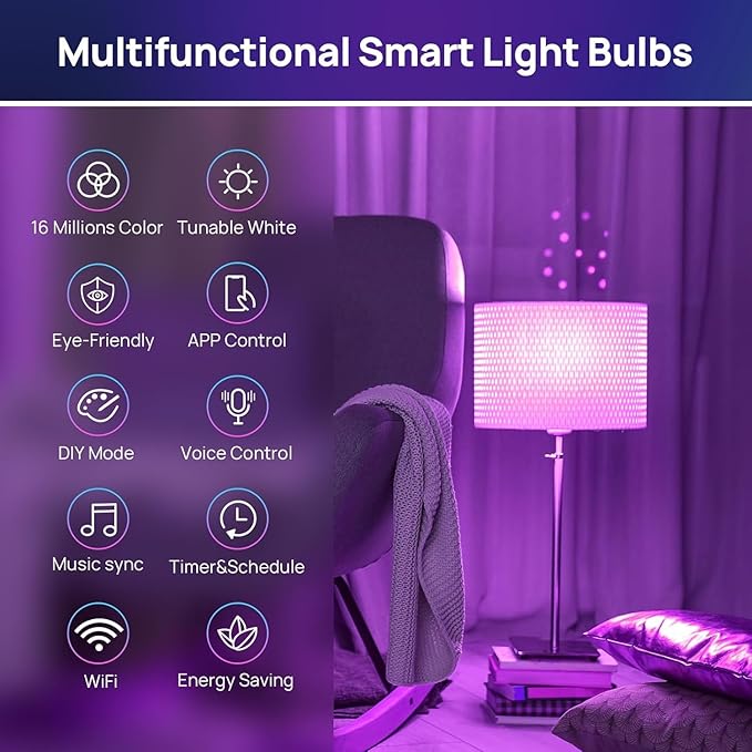 Consciot Smart Light Bulbs, A19 Color Changing Smart Bulbs, 800 Lumens 60W Equivalent, Works with Apple Home, Alexa, Google Home & SmartThings, Dimmable LED, 4-Pack