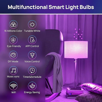 Consciot Smart Light Bulbs, A19 Color Changing Smart Bulbs, 800 Lumens 60W Equivalent, Works with Apple Home, Alexa, Google Home & SmartThings, Dimmable LED, 4-Pack