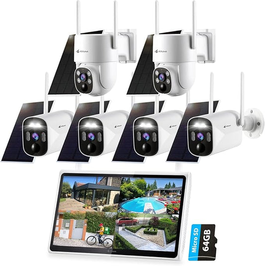 Kittyhok Home Solar Securiy Camera System | 4pcs Bullet & 2pcs PT Wireless Solar Security Camera Outdoor, Human Detection, Spotlight | 10CH NVR, 10'' IPS Monitor, Local Storage