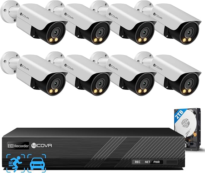 4COVR 8 Channel Security Camera System, 2 Way Audio Talk & Smart Color Night Vision, 8X 5MP IP Bullet PoE Camera IP67 Human Vehicle Detection, 4K 8CH NVR 2TB HDD 24/7 Recording, LY37YX5M0808
