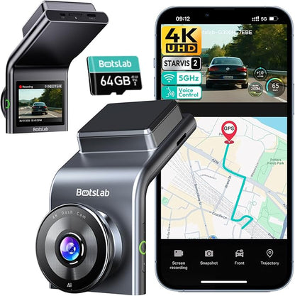 BOTSLAB 4K Dash Cam Front, STARVIS 2 Sensor, Voice Control, 64GB Card Included, 5GHz WiFi, Built in GPS, WDR Night Vision, 170°Wide Angle, 24H Parking Mode (Back Camera Not Included)