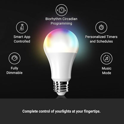 Leona Smart Bulb, RGB Color Changing +Tunable White, WiFi, E26 Base, 9W LED, 800 Lumens, App-Controlled, Voice Compatible, 2700K-6500K (4-Pack)