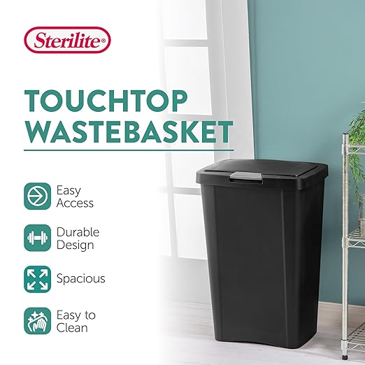 Sterilite 13 Gallon TouchTop Narrow Plastic Wastebasket with Secure Titanium Latch for Kitchen, Bathroom, and Office Use, Black (8 Pack)