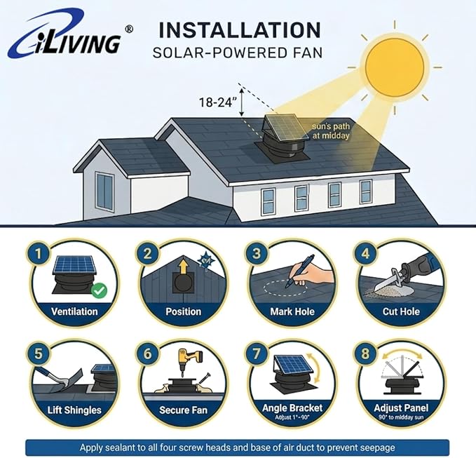 iLIVING 14" HYBRID Smart Thermostat Solar Roof Attic Exhaust Fan, 40-Watt, 1150 CFM, Cools up to 2900 Sq.Ft. Coverage Area, Black