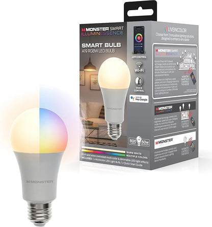 Monster Multi-Color and Warm-White LED Light Bulb, 16,000,000 Lighting Possibilities, Customizable with App, Compatible with Alexa/Siri/Google Assistant, Wi-Fi Enabled, 1-Pack, 9 watt