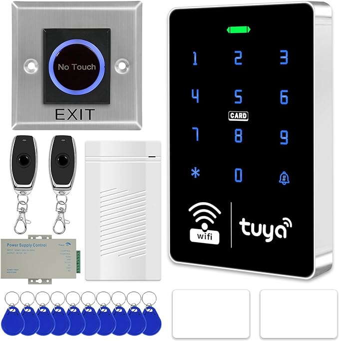 TUYA WiFi Access Controller with Waterproof RFID Touch Keypad, Power Supply, Metal Sensor Switch, Doorbell, Smart Remote Door Opener, App Remote Unlock, Home Security Access Control (Lockless)