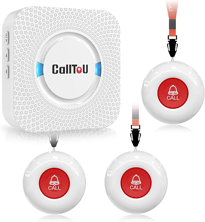 CallToU Caregiver Pager Wireless Call Buttons for Elderly Monitoring Nurse Alert System 500+ Feet for Home/Seniors/Patient/Disabled 1 Plugin Receiver 3 Waterproof Transmitter