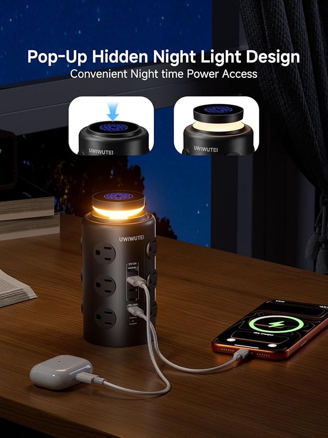 Tower Power Strip with Night Light,PD20W USB C Power Strip Tower with Multiple Outlets, 12 Outlets,5 USB Ports (3 USB-C), 6FT Extension Cord Desk Charging Station for Home,Office,Dorm Essentials,Black