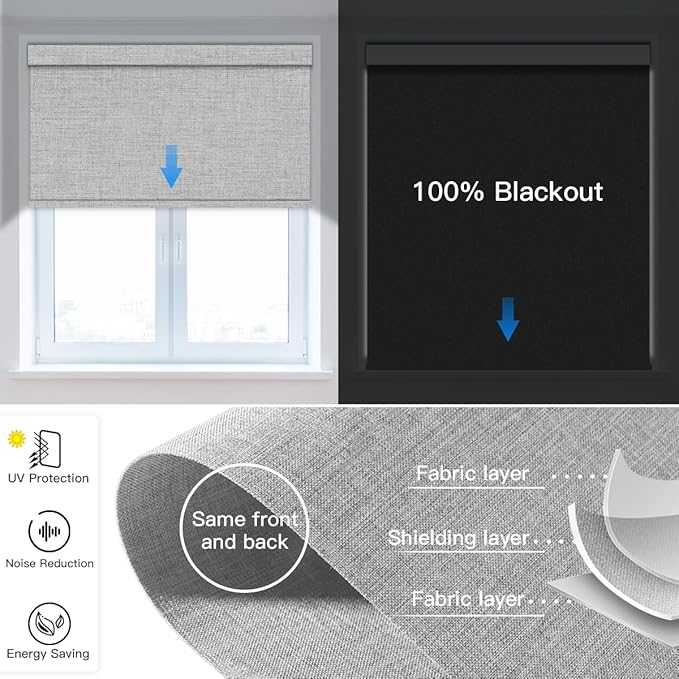 Tokblind Motorized Blackout Roller Shade Fabric Covered Valance and Bottom Rod, Remote Control Electric Window Blind Compatible with Alexa Google via Hub, Custom Size (Light Grey - Wrapped Fabric)