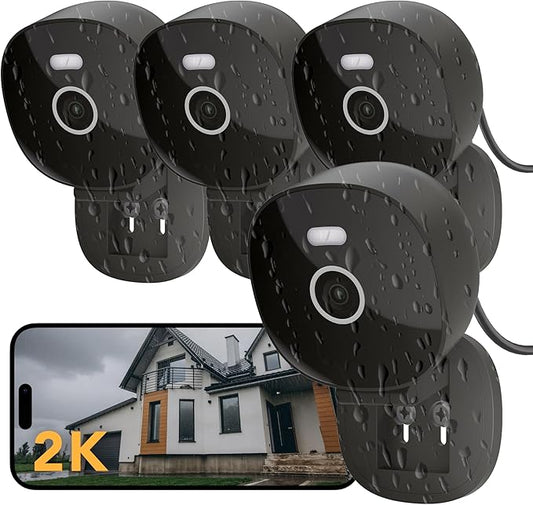 2K Wired Security Camera, Indoor/Outdoor for Home, Pet, Baby, Nanny, IP65 Waterproof Color Night Vision, White Light & Siren, Recording, Motion Detection, Works with Alexa,Pulg in, Black-4P