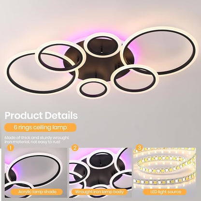 70W LED Ceiling Light, 6-Ring Black Flush Mount Fixture with Remote | Dimmable 3000K-6000K ceiling light with remote, 4200LM,RGB ambient glow,modern fixture for living room, bedroom & dining room