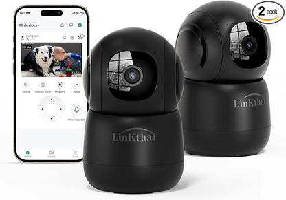 Indoor Camera, 2K Cameras for Home Security with App Motion Detection Auto Tracking Alarm Live Notice Schedule Default Location, Pet Camera with Night Vision, 2.4 GHz, Black, 2 Pack