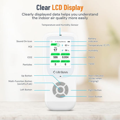 LifeBasis Air Quality Monitor Indoor, 11-in-1 Air Quality Detector with Stand, Air Meter Test AQI, PM1.0, PM2.5, PM10, CO2, TVOC, HCHO, Particles, Temperature and Humidity with Alert