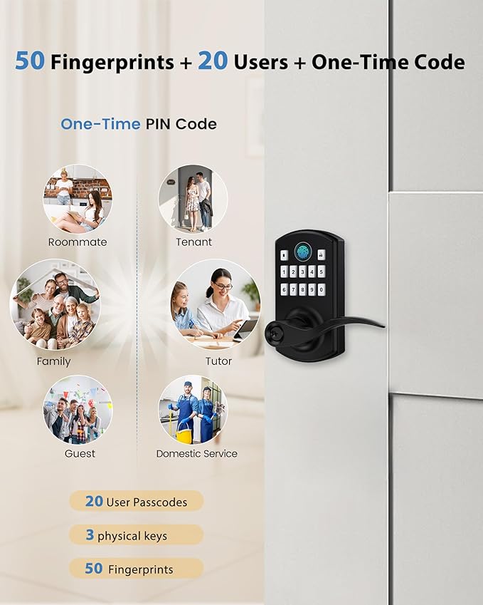 Hidalife Fingerprint Keypad Door Lock with Handle, Keyless Entry Door Lock for Front Door, Easy Passage Mode, Electronic Door Lock with Code, Matte Black