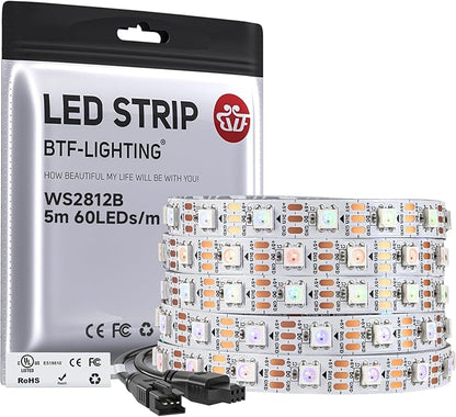BTF-LIGHTING WS2812B IC RGB LED Strip,UL Listed,Pure Gold Wires,DC5V 16.4FT 300LED 5050SMD,Individually Addressable,Flexible for DIY Chasing Full Color Project,3M Tape,IP30(No Adapter or Controller)