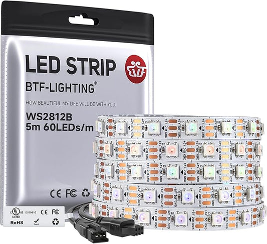 BTF-LIGHTING WS2812B IC RGB LED Strip,UL Listed,Pure Gold Wires,DC5V 16.4FT 300LED 5050SMD,Individually Addressable,Flexible for DIY Chasing Full Color Project,3M Tape,IP30(No Adapter or Controller)