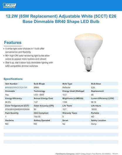 Feit Electric BR40 LED Light Bulb, 85W Equivalent, Dimmable, 5CCT, E26 Medium Base, 90 CRI, 1100 Lumens, Adjustable White, 13.7 Years Lifetime, BR4085DM5CCTCA15K