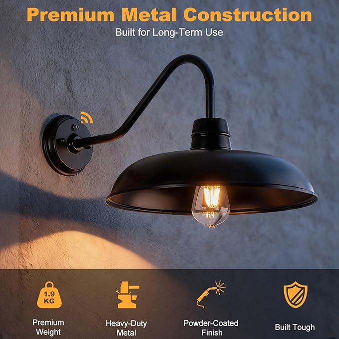 FILIYANO Dusk to Dawn Outdoor Gooseneck Barn Light, 12 Inch 2-Pack Farmhouse Porch Lights, Vintage Black Anti-Rust Lantern with E26 Base for Porch Side Door Fence