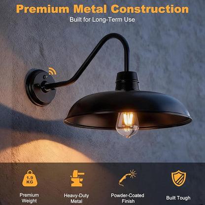 FILIYANO Dusk to Dawn Outdoor Gooseneck Barn Light, 12 Inch 2-Pack Farmhouse Porch Lights, Vintage Black Anti-Rust Lantern with E26 Base for Porch Side Door Fence