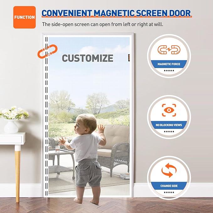 MAGZO Customized Magnetic Screen Door, Sturdy Magnets Double Mesh Door Screen Curtain with Full Frame Hook & Loop for Sliding Entrance