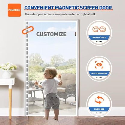 MAGZO Customized Magnetic Screen Door, Sturdy Magnets Double Mesh Door Screen Curtain with Full Frame Hook & Loop for Sliding Entrance