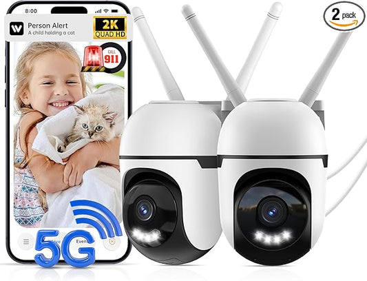 Smart Wired Security Camera Outdoor,5G&2.4G WiFi Cameras for Home Security,2K&360° PTZ Camera,911 Call for AI,IP66 Waterproof,Motion Detection,US Cloud APP&TF Card,Support Alexa