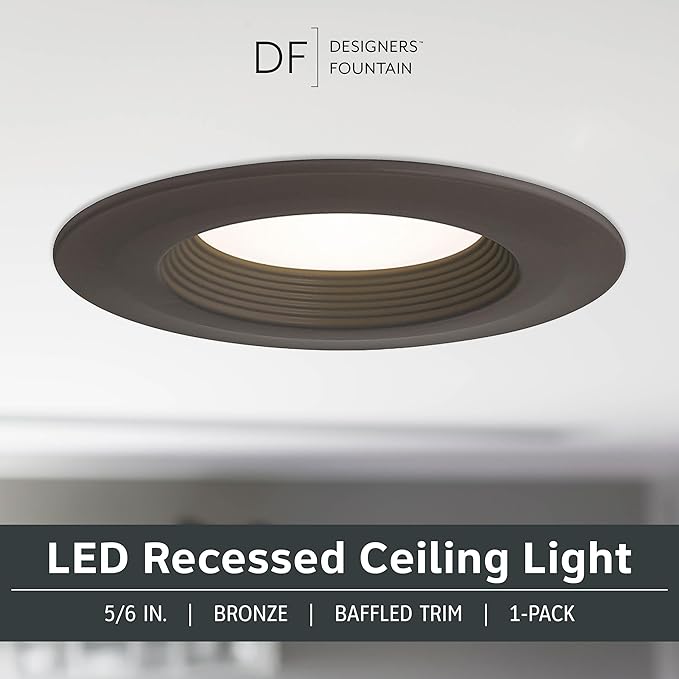 Designers Fountain LED Recessed Ceiling Light, 5/6 Inch 5CCT Metal Lighting Fixture, Dimmable, 1000 Lumens, 2700K/3000K/3500K/4000K/5000K, Bronze Baffle Trim, EVL61093T50BZ