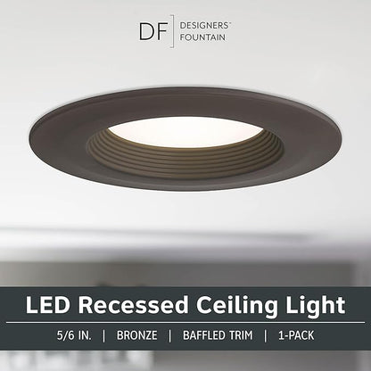 Designers Fountain LED Recessed Ceiling Light, 5/6 Inch 5CCT Metal Lighting Fixture, Dimmable, 1000 Lumens, 2700K/3000K/3500K/4000K/5000K, Bronze Baffle Trim, EVL61093T50BZ