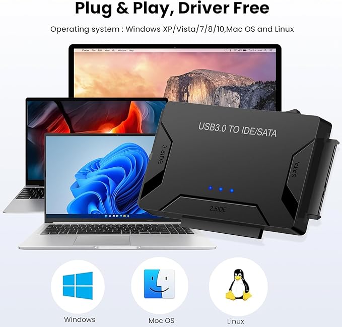 Hard Drive Reader, USB 3.0 to IDE and SATA Adapter External Hard DriveConverter for Universal 2.5/3.5 HDD/SSD Hard Drive Disk Includes 12V Power Adapter, Support 6TB - Black